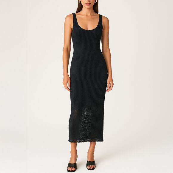 House of Harlow 1960 Black Knit Crochet Fringe Hem Midi Dress - Picture 1 of 7